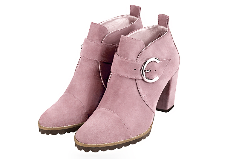 Light pink women's ankle boots with buckles at the front. Round toe. High block heels. Front view - Florence KOOIJMAN